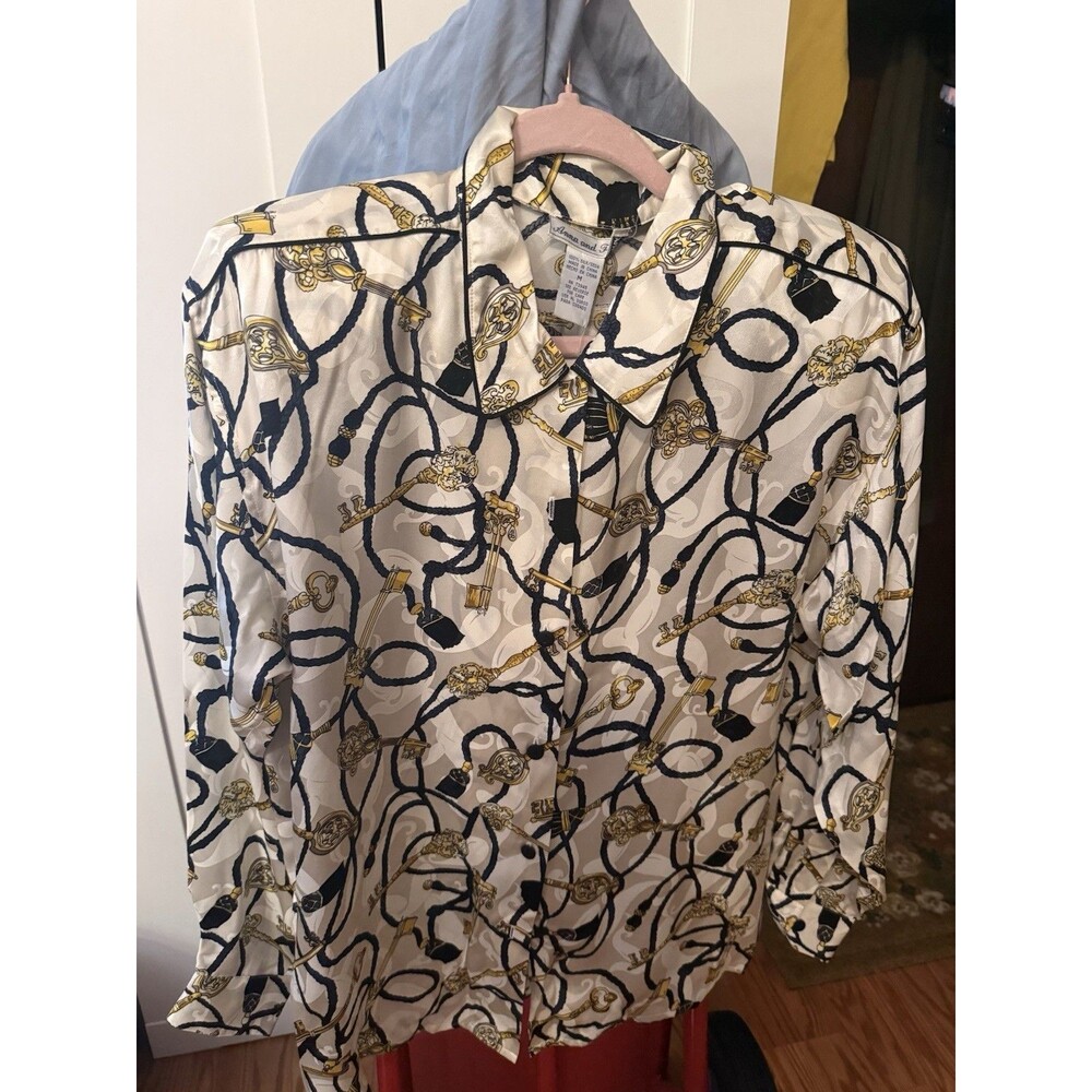 Vintage Anna and Frank 100% Silk Blouse Medium NWT Key Tassel Equestrian Print